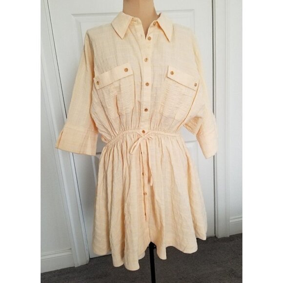 Significant Other Yellow Mini Dress Short Sleeve Button Up Drawstring Waist Sz 4 - Picture 1 of 10